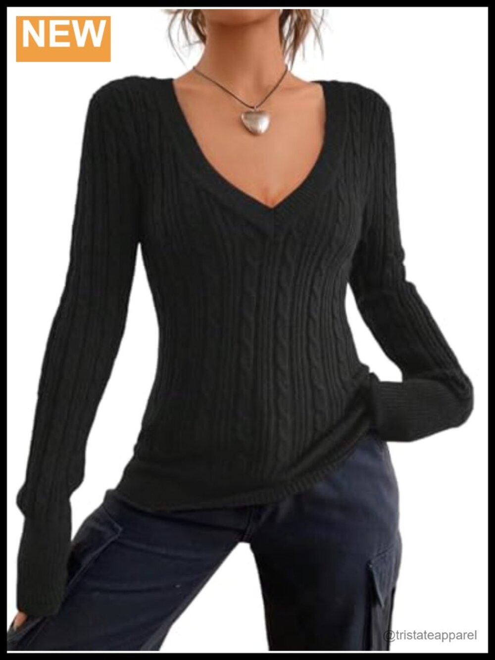 Women's Cable Knit V Neck Sweater Slim Fit Long Sleeve Chunk Pullover